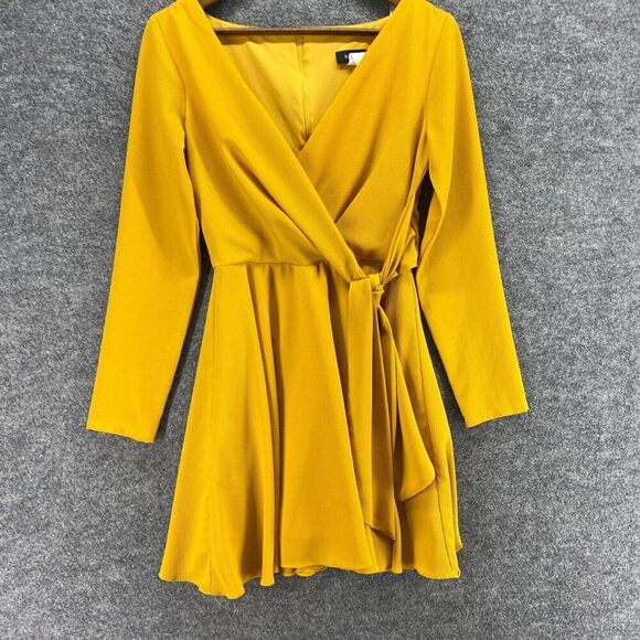 B. Darlin Dress Women 5/6 Yellow Sheath Short V-Neck Belted Zipper Lined Casual - Picture 4 of 8